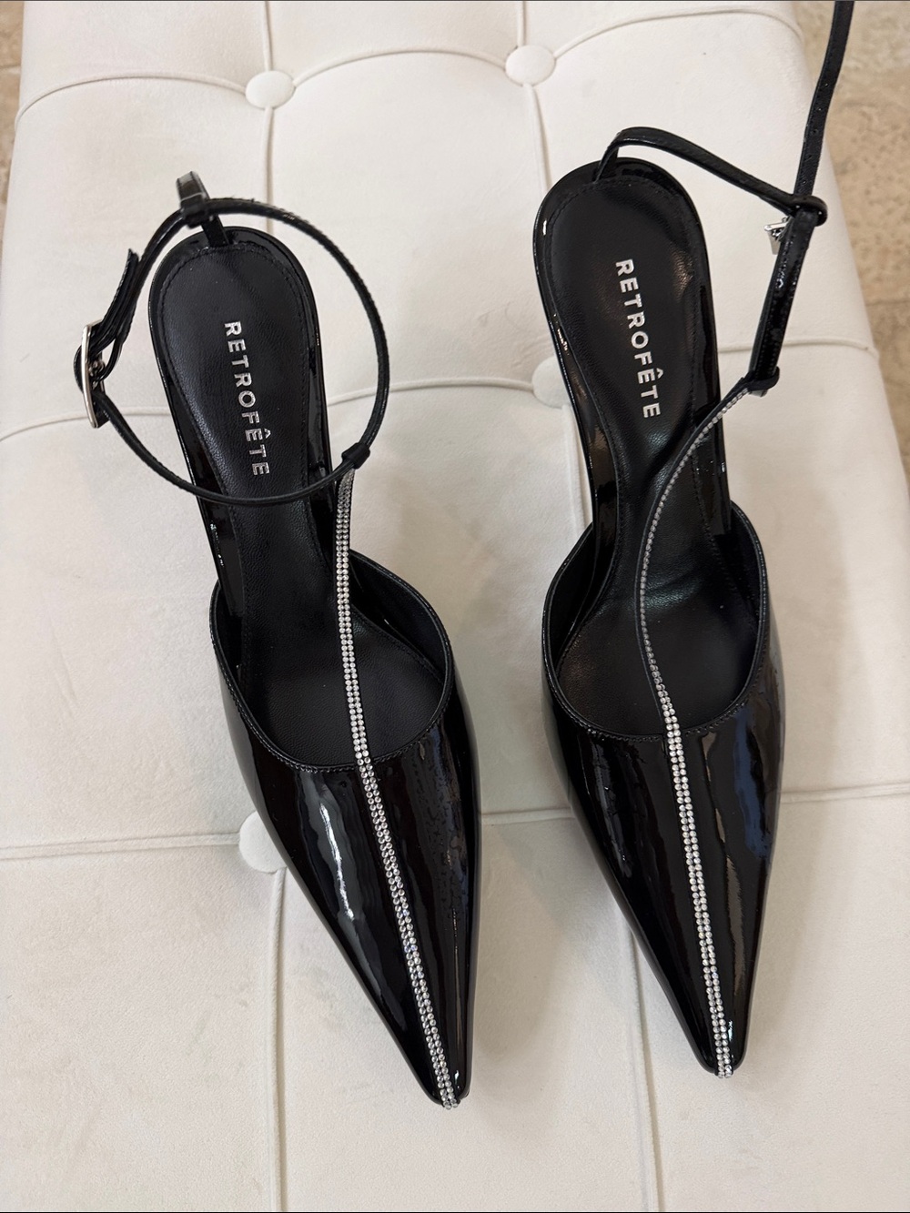 Retrofete Black Patent Pointed Slingbacks with Rhinestone Stripe, new with box!